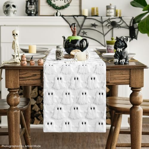 Artoid Mode White Soft Faux Fur Ghost Halloween Table Runner 13x90 Inch