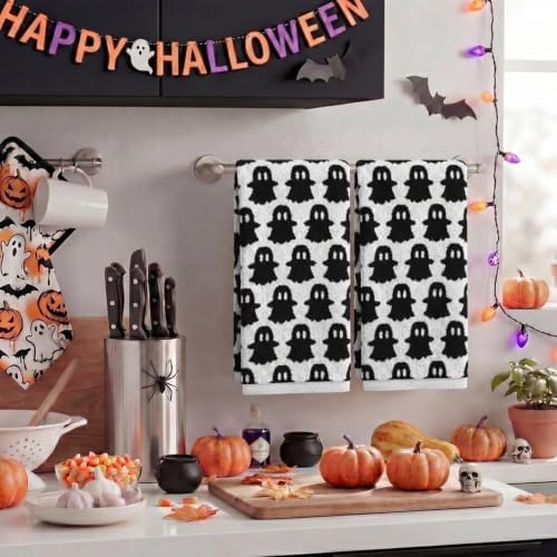 Artoid Mode 2 Pcs Beige Black Ghost Halloween Hand Towels for Bathroom