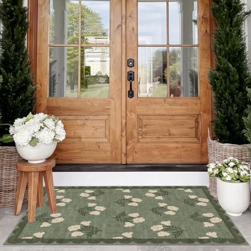 Floral Outdoor Rug - 28" x 43" Front Door Mat Indoor Outside Entrance Non-Slip Washable Outdoor Mat Sage Green Spring