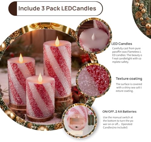 3 Pcs Christmas Candy Cane Stripe Flameless Candles, Real Wax Red &White Glitter Striped LED Pillar Candles with Battery Operated Flickering Flame for Xmas Party, Wedding, Home Decoration D3 x H4"5"6"