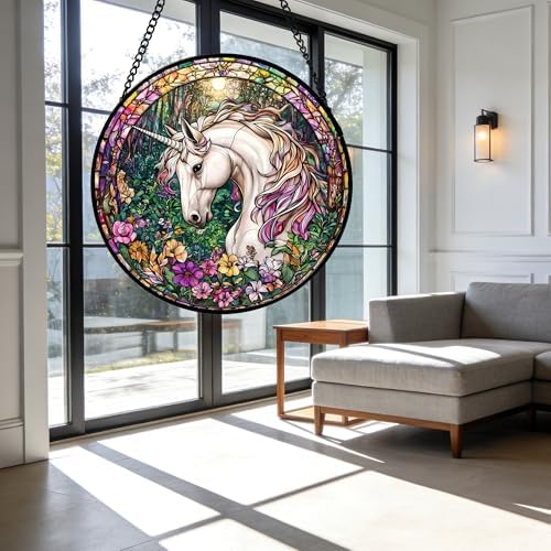 Unicorn in Flower Forest Stained Glass Window Hanging Suncatcher Gift 9.8"