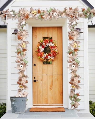 DearHouse 2 Pack Fall Garland Maple Leaf, 5.9Ft/Piece Hanging Vine Garlands Artificial Autumn Foliage Garland Thanksgiving Decor for Home Wedding Fireplace Party Christmas (White&Green)