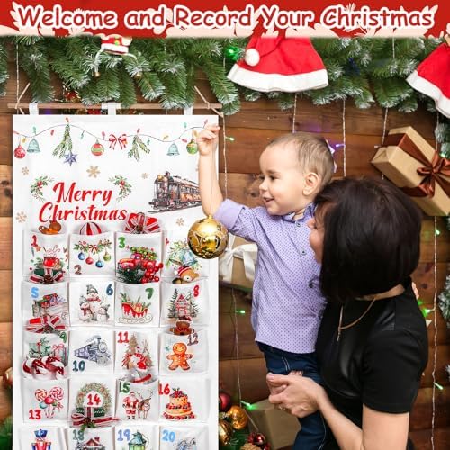 Fabric Christmas Advent Calendar with Pockets 24 Days Christmas Countdown Advent Calendar Hanging Countdown Calendar to Fill Reusable Wall Hanging Storage Bag for Home Xmas Holiday Decor
