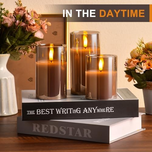 Tyawon Glass Battery Operated LED Flameless Candles with Remote and Timer, Real Wax Candles Warm Color Flickering Light