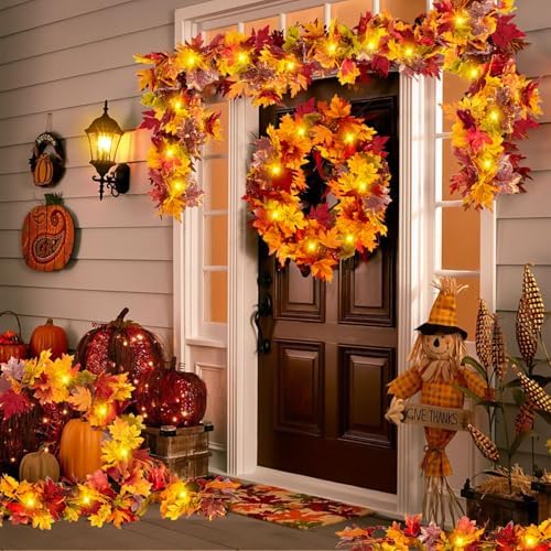2Pcs Fall Maple Leaf Garland with Yellow Lights