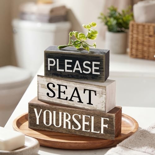 Moucuny 4 Pcs Please Seat Yourself Sign Wooden Bathroom Farmhouse Decor