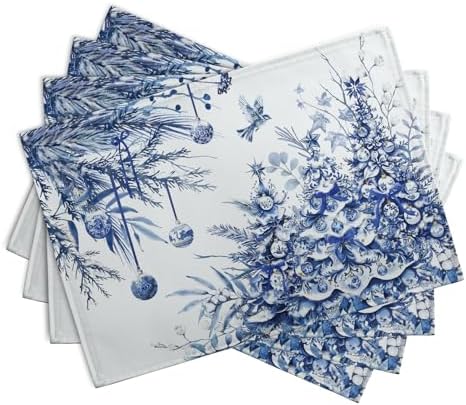 Blue and White Christmas Tree Placemats Set of 4, 12x18 Inch Chinoiserie Xmas Place Mats Winter Holiday Washable Linen Table Mats for Party Kitchen Dining Outdoor Indoor Decor