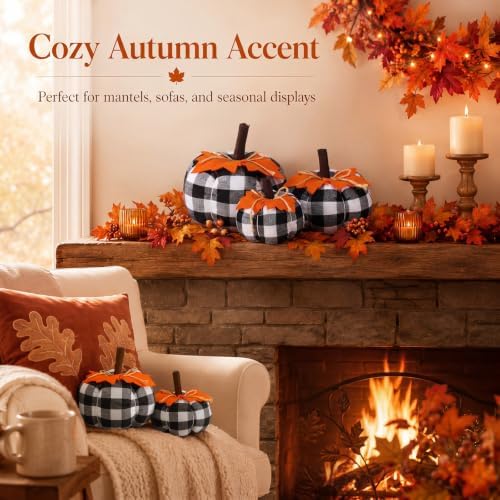 Beeveer 3 Pcs Fall Pumpkins Decor Black White Pumpkins with Orange Leaves