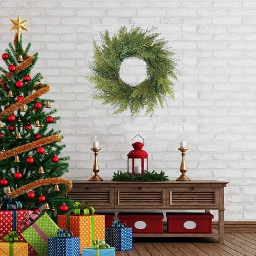 20” Green Faux Norfolk Pine Christmas Winter Wreath – Mixed with Real Touch Fake Cypress, Cedar & Spruce, Xmas Wreaths for Front Door Porch Mantel & Fireplace