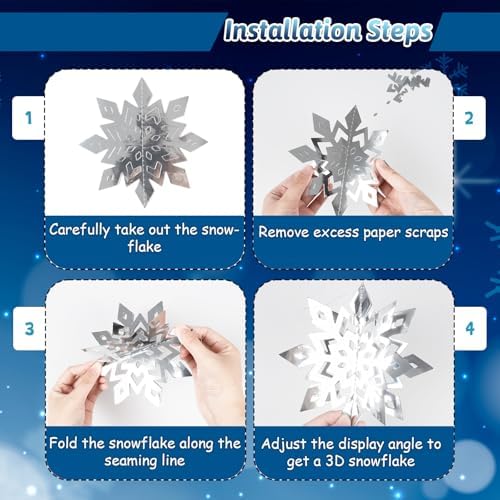 Snowflake Decorations, Paper Christmas Hanging Decor Indoor, Silver, 36-Pc