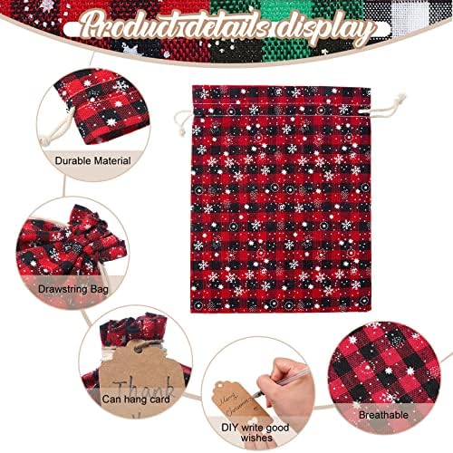 Shappy 24 Pcs Christmas Drawstring Gift Bags Xmas Buffalo Plaid Burlap Advent Bags 10 x 8 Inches Linen Treat Candy Bag with 32.8 ft Rope 24 Card(Mixed Colors with Snowflake)