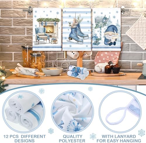VitalCozy 12 Pcs Blue Christmas Kitchen Towels, Hello Winter Dishcloths