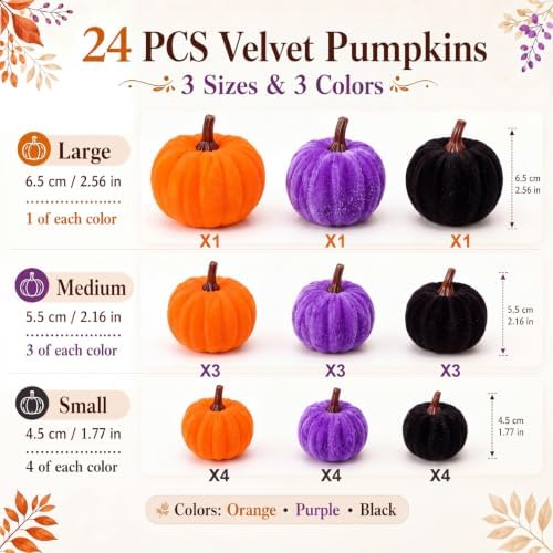 Weysat 24 Pcs Classic Artificial Pumpkins Fall Decor, Orange Purple Black