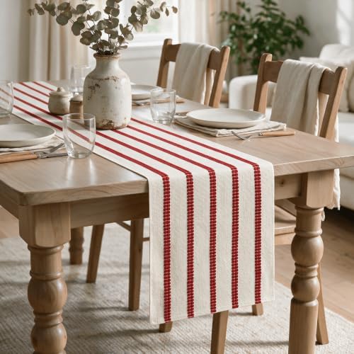 Artoid Mode Red Farmhouse Woven Stripe Christmas Table Runner, Seasonal Holiday Boho Rustic Kitchen Dining Table Decoration for Home Party Decor 12x90 Inch