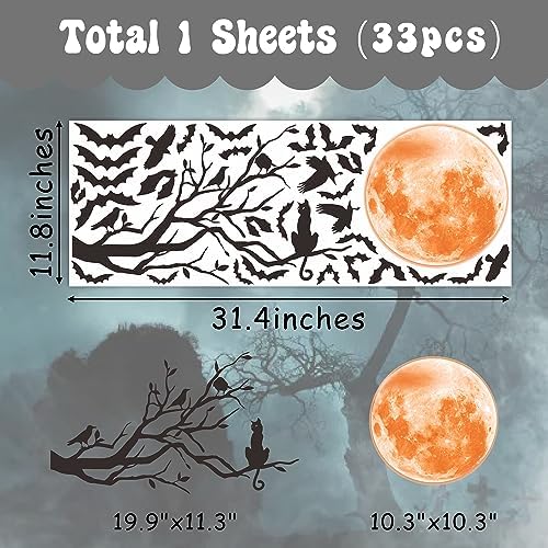 Halloween Moon Bat Wall Sticker Black Tree Branch Crow Wall Decals Clings