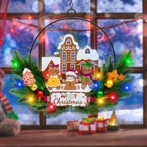 Pre-Lit Christmas Wreath for Front Door, Gingerbread with 6H On/18H Off