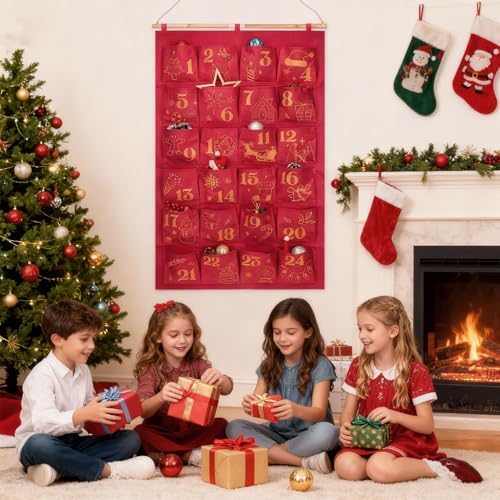 HOWAF Red Gold Fabric Christmas Advent Calendar with Pockets (Countdown to Christmas), 24 Days Mystery Christmas Countdown Calendar for Xmas Holiday Home Wall Decoration