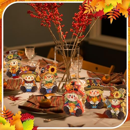 DoubleFill 6 Pcs Fall Scarecrow Table Decoration Wooden Scarecrow Figurines