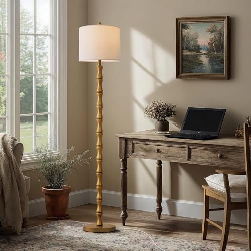 BOBOMOMO 62" Rustic Farmhouse Floor Lamp Antique Gold with Remote & Dimmable 9W Bulb, 3 Color Temperatures Resin