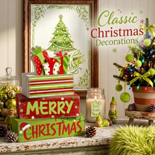 Lineshading 4 Pcs Christmas Table Decor - Red Green Gift Box Wooden Blocks