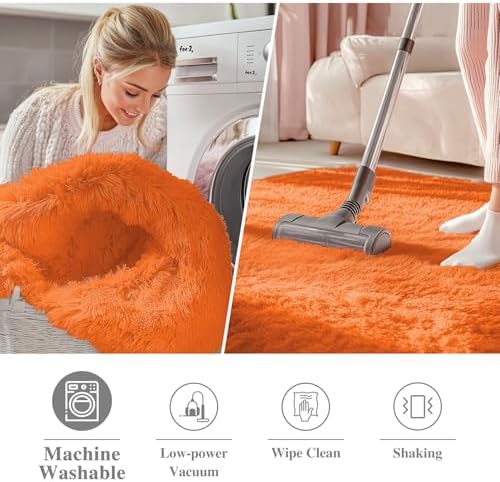 OLANLY Orange Round Rugs for Bedroom - Machine Washable, 3 ft Circle Area Rugs for Living Room, Soft and Fluffy Shaggy