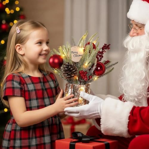 Small Table Top Christmas Tree with Lights, Mini Christmas Tree Decorations with Merry Christmas Pine Cones Berries Balls Ornaments for Home Party Office Centerpiece Indoor Decorations 12Inch, Red