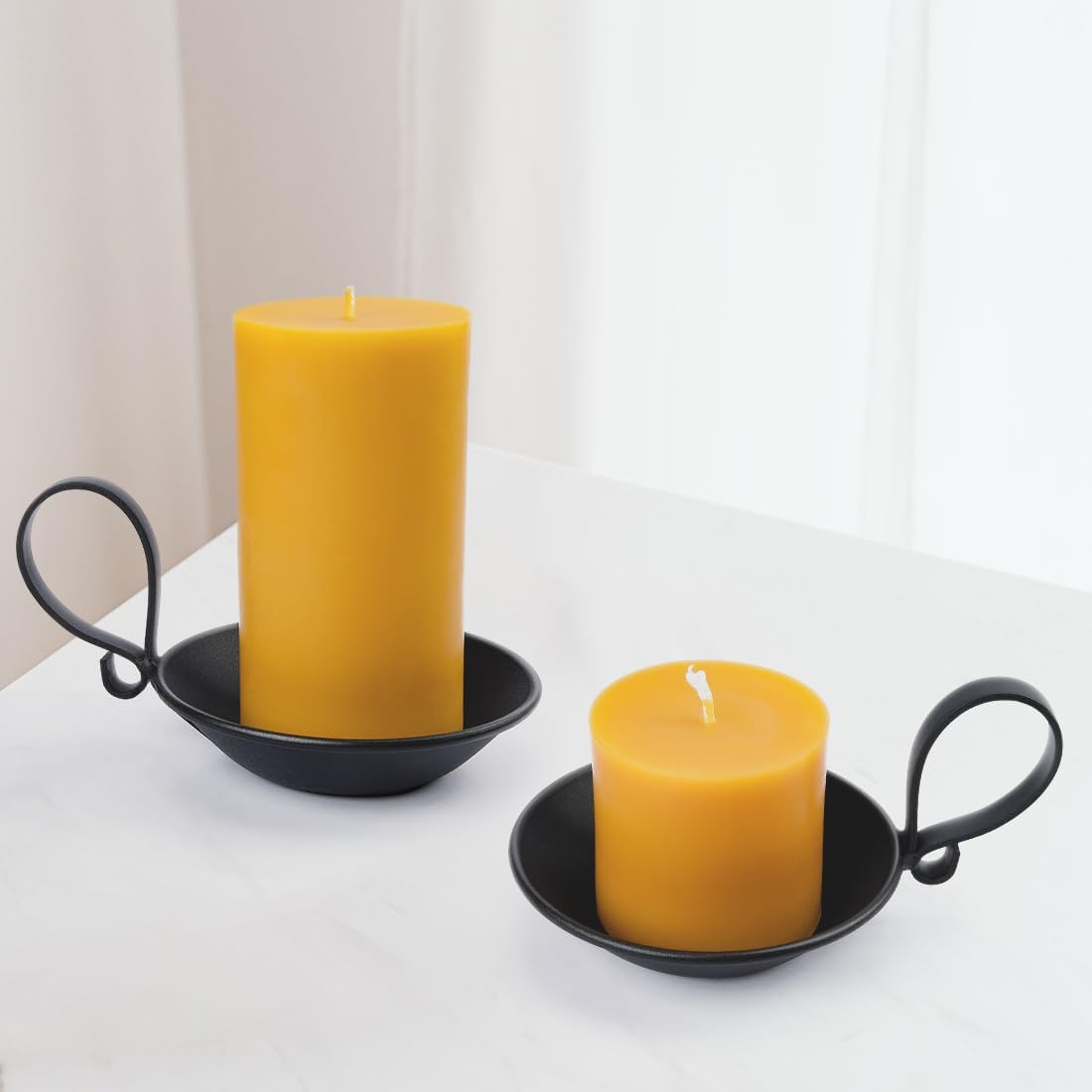 2-Pack Matte Black Iron Pillar Holders, Handle & Safety Spike | Thick Cast Metal, Powder Coating, Secure Grip Base