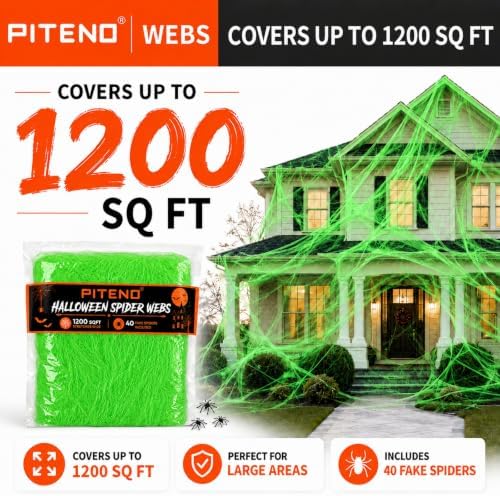 Piteno® 1200 sqft Spider Webs Halloween Decorations with 40 Fake Spiders, Stretchable Halloween Spider Webs for Indoor Outdoor Haunted House Yard Porch Party Decor (Green)