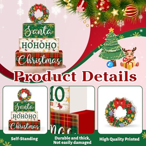 Britimes Christmas Santa Tiered Tray Decor Set, 4 Pack, Wooden Table Sign