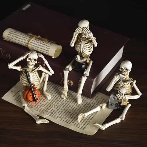 Set of 3 Skeleton Statues, Horror Skull Halloween Resin Decor, See/Hear/Speak no Evil Collectible Figures Home Decoration