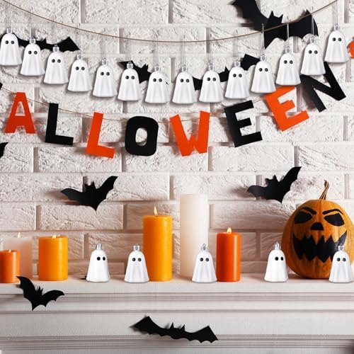 Tigeen 24 Pcs Halloween Tree Ornaments Cute Ghost Tree Decorations White Plastic Halloween Hanging Decoration Decorative Mini Ghost for Home Party Supplies
