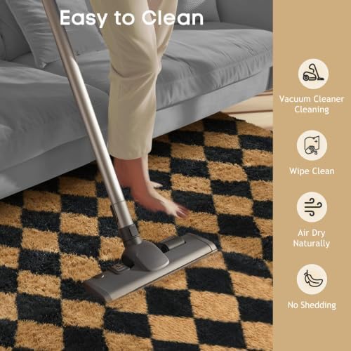 Ophanie 8x10 Black & Beige Diamond Checkered Rugs for Living Room Bedroom,Large Rhombus Fluffy Soft Fuzzy Area