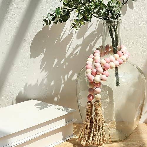 Meplait Wood Bead Garland, 39in Decorative Tassels Garland, Pink&Natural
