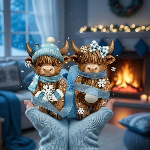 Simgoing 2 Pack Winter Highland Cow Figurines Snowflake Highland Cow Tabletop Decorations Calf Lovers Gifts for Home Centerpieces Holiday Ornament Gifts