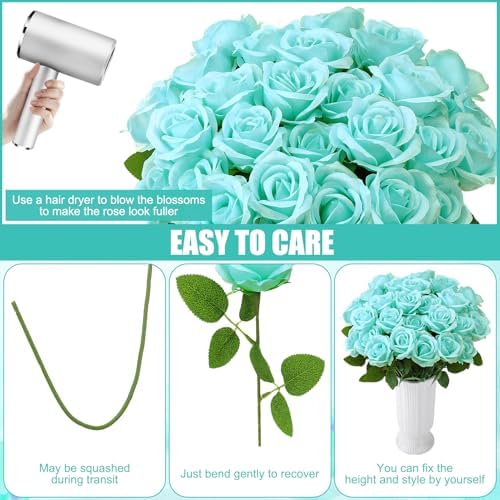 36 Pcs Turquoise Artificial Roses with Long Stems
