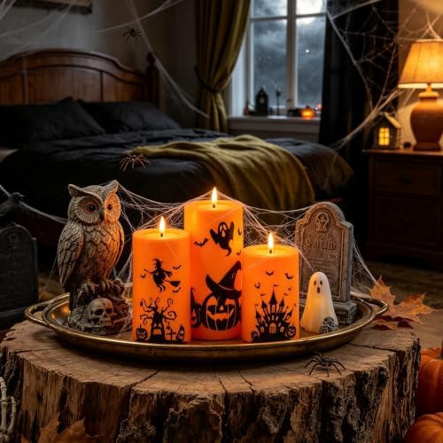 kakoya 5 Pack Halloween Flameless LED Pillar Candles, Orange Plastic Battery Operated Candles with 2 Remote Timer, Castle Pumpkin Witch Pattern for Halloween Spooky Decor