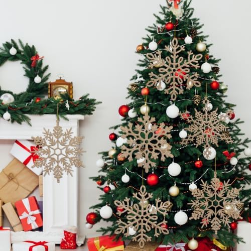 12pcs Large Champagne Gold Snowflakes Ornaments 12” Big Plastic Glitter Snowflake for Winter Indoor Outdoor Christmas Tree Window Room Decorations Giant Craft Snowflakes