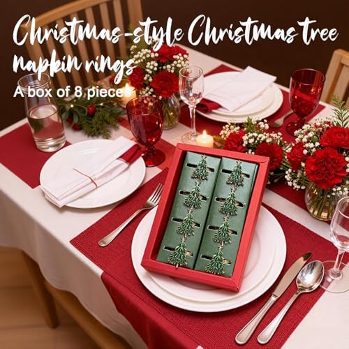 Christmas Tree Napkin Rings Set of 8, Gold Alloy Napkin Holders with Star Topper, Green Enamel Holiday Table Decor for Christmas Dinner