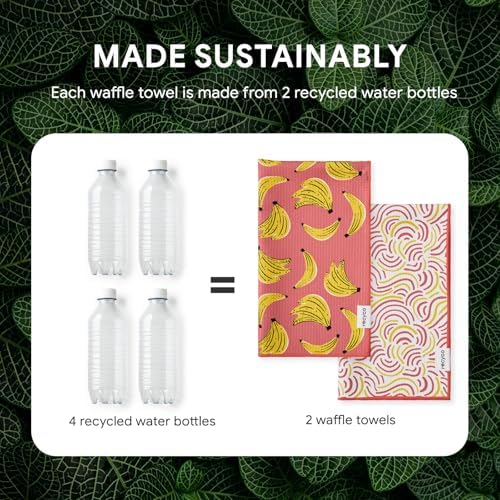 RECYCO Waffle Kitchen Towel Set of 2 - Quick Dry Microfiber Sustainable Dish Towels - Ultra Absorbent Reusable Cleaning Tea Towels - Lightweight Hand Towels,16”x 28”, Banana Joy