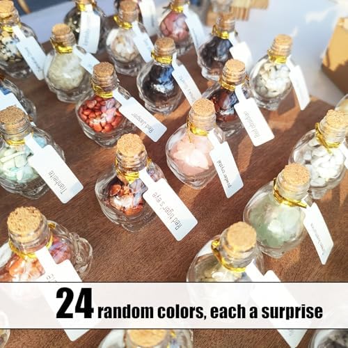 24Pcs Crystals and Healing MINI Stones with Skull Spell Jars-Crystal Chakra Stones Cute Glass Bottle-Healing Crystals