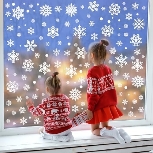 116PCS Christmas Decorations, 9 Sheets Christmas Window Clings, Snowflake Window Clings Decals, Double Sided Xmas Snowflake Decal Stickers for Winter Holiday Home Indoor Decorations Decor Supplies