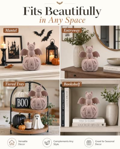Halloween Decor Bat on Jack-o-lantern Resin Figurine (Pink Bat Pumpkin)