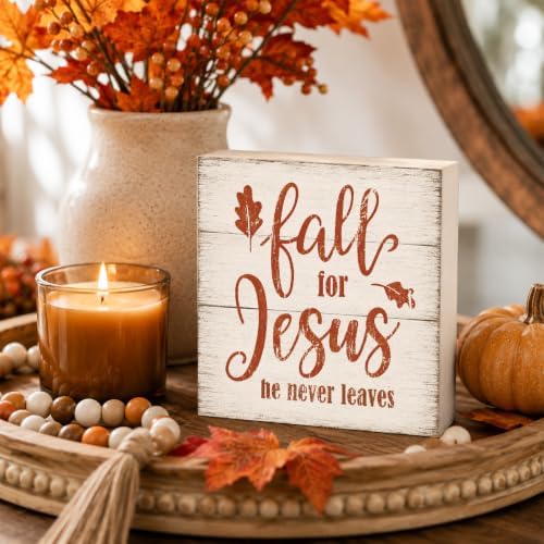 Fall For Jesus He Never Leaves Sign | Vertical Script Autumn Decor