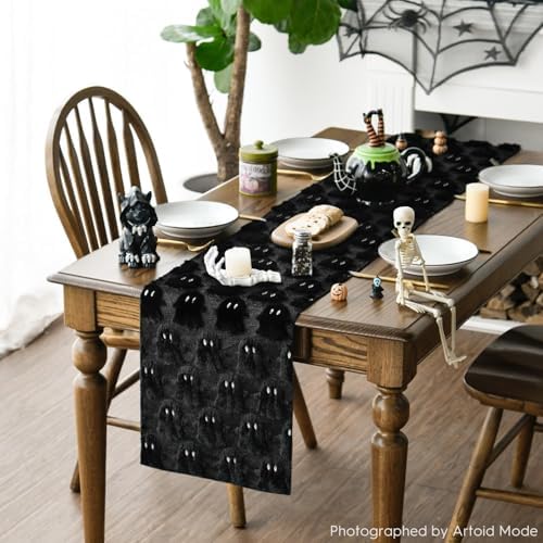 Artoid Mode Black Soft Faux Fur Ghost Halloween Table Runner 13x72 Inch