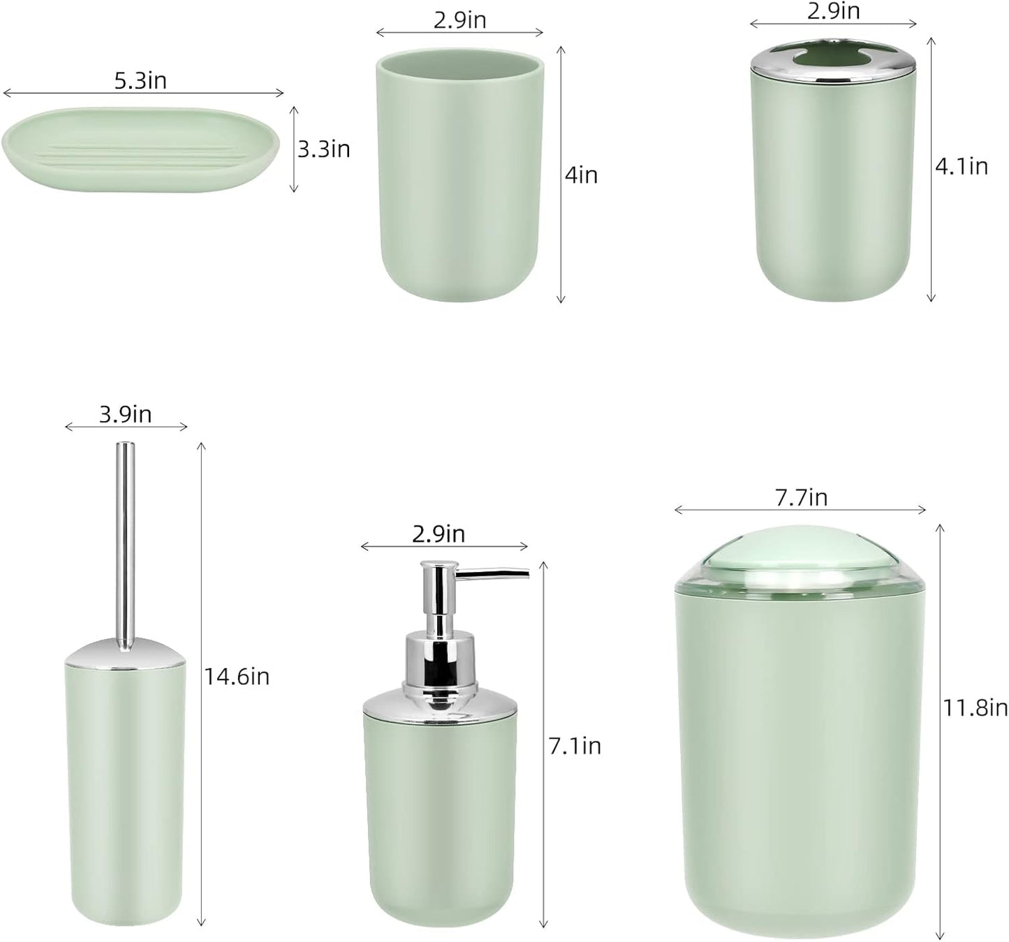 IMAVO Bathroom Accessories Set,Green Bathroom Set,7 Pieces Bathroom Accessory Set,Tray,Toilet Brush,Trash Can for