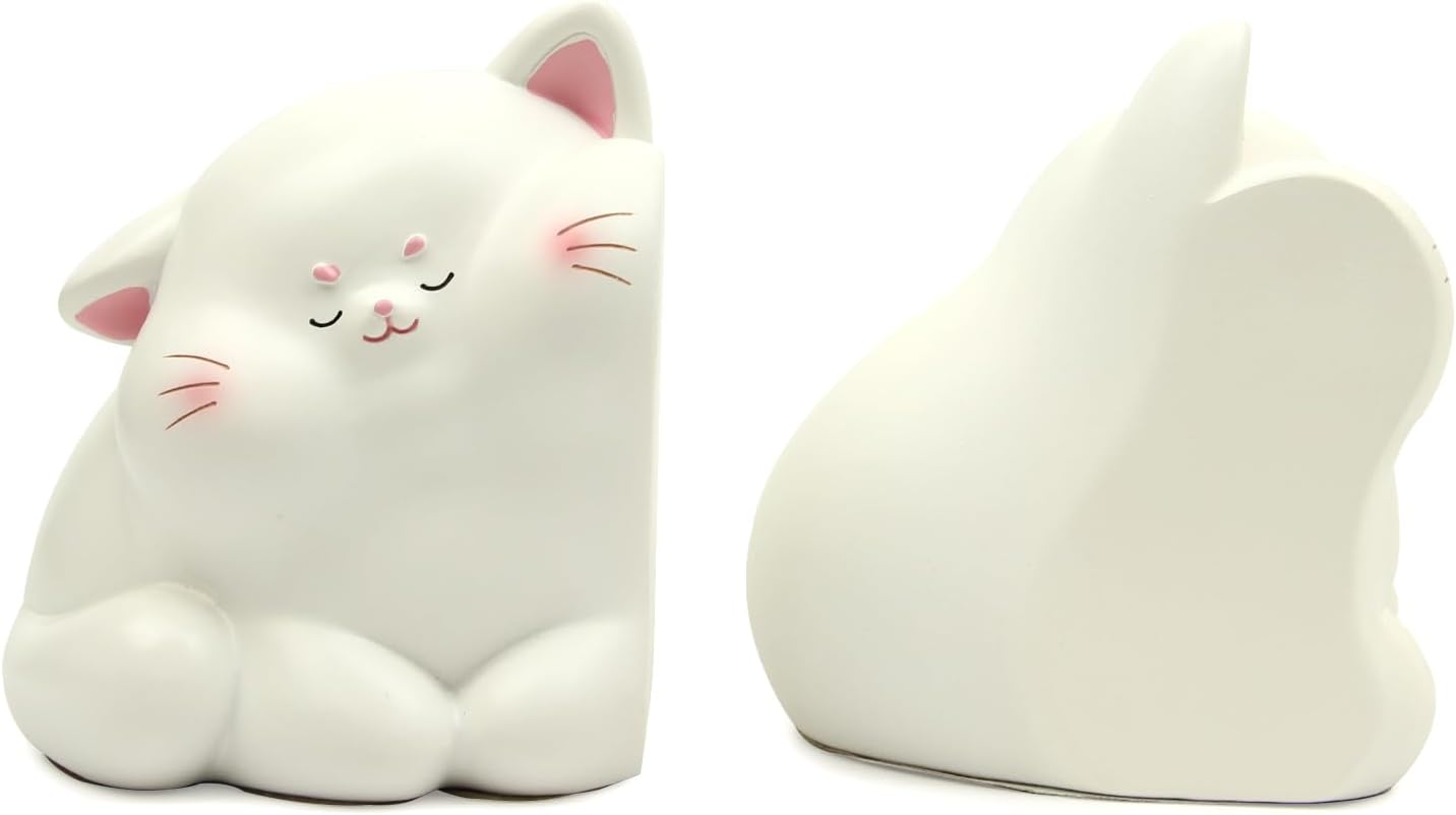 Cat Bookends / Resin Bookends Non-Slip Cat Bookshelf Desktop Decoration / White