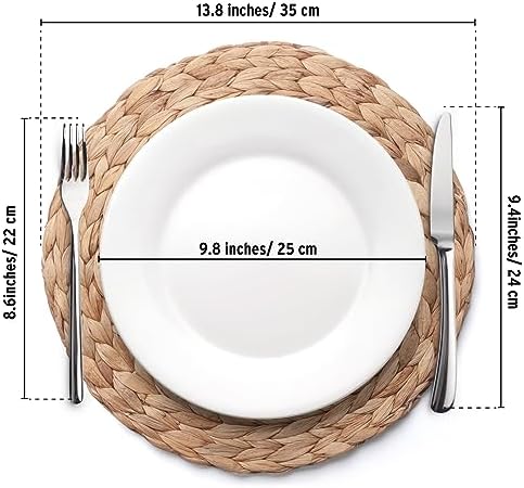 Round Woven Placemats Set of 4, Natural Water Hyacinth Place Mats, Boho Wicker Placemats, Table Mats for Dining Table (13.8 inch) by YANGQIHOME