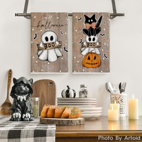 Artoid Mode Wood Cat Ghost Halloween Kitchen Towels Set of 2 18x26 Inch