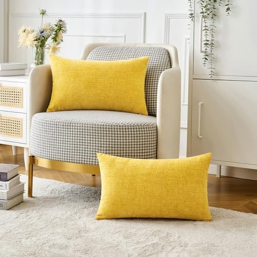 MIULEE Soft Chenille Lumbar Throw Pillow Covers Yellow 12x20 Pack of 2