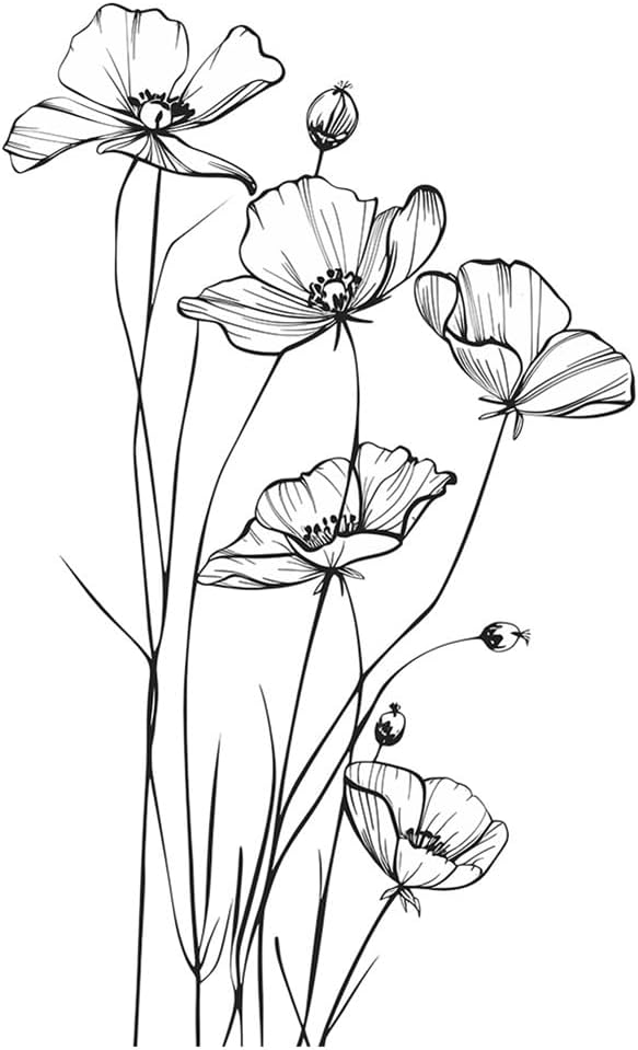 White Poppy Flower Wall Decal Minimalist Sketch Botanical Wall Art PVC Peel Stick Wall / B / Black